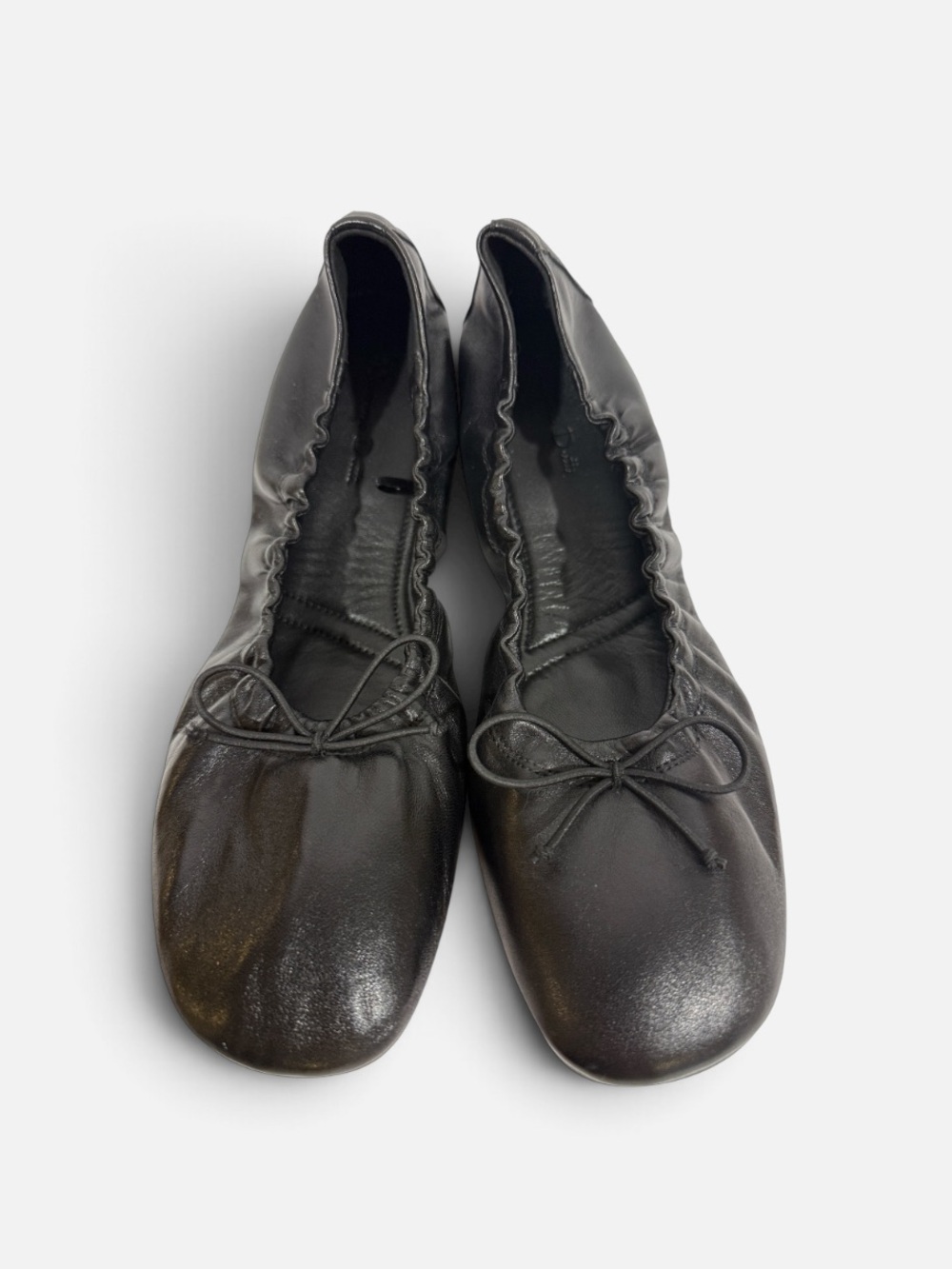 Massimo Dutti Leather Square Toe Ballet Flats w/ Gathered Detail Bow Black NWOT
